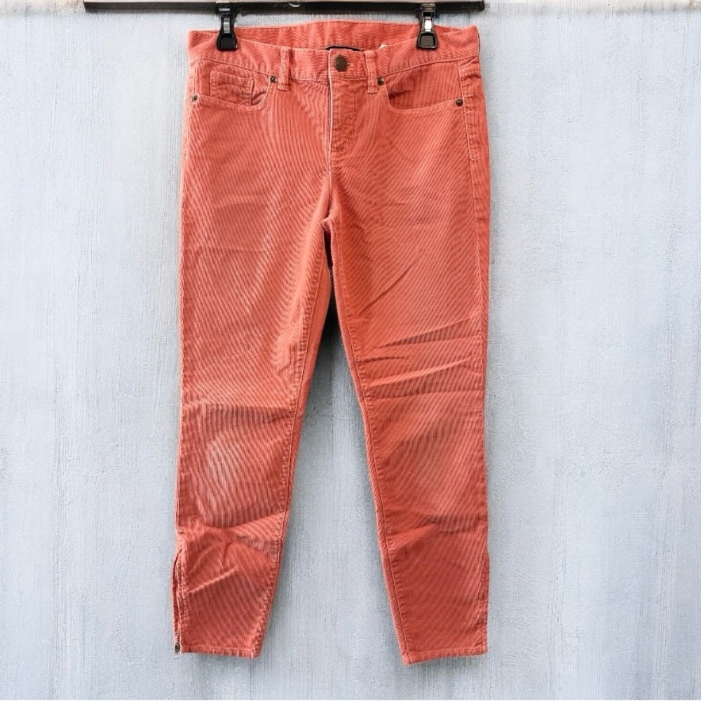 J Crew Stretch Vintage Toothpick Cords Size 28 Peach Salmon Ankle Zip Corduroy